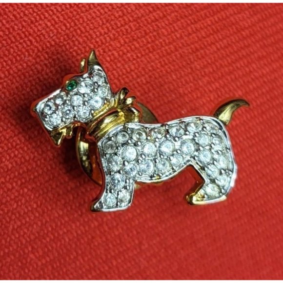 Swarovski Scotty Dog Pave Crystal Green Eye Scottish Terrier Pin Tie Tack Lapel - Picture 2 of 12